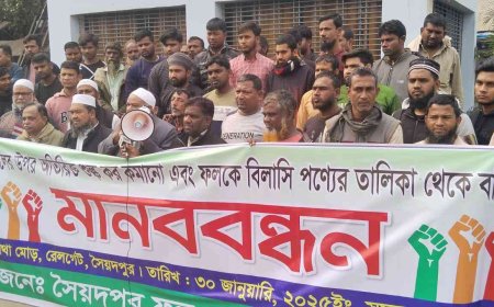 বর্ধিত সম্পূরক শুল্ক প্রত্যাহারের দাবিতে সৈয়দপুরে ফল ব্যবসায়ীদের মানববন্ধন
