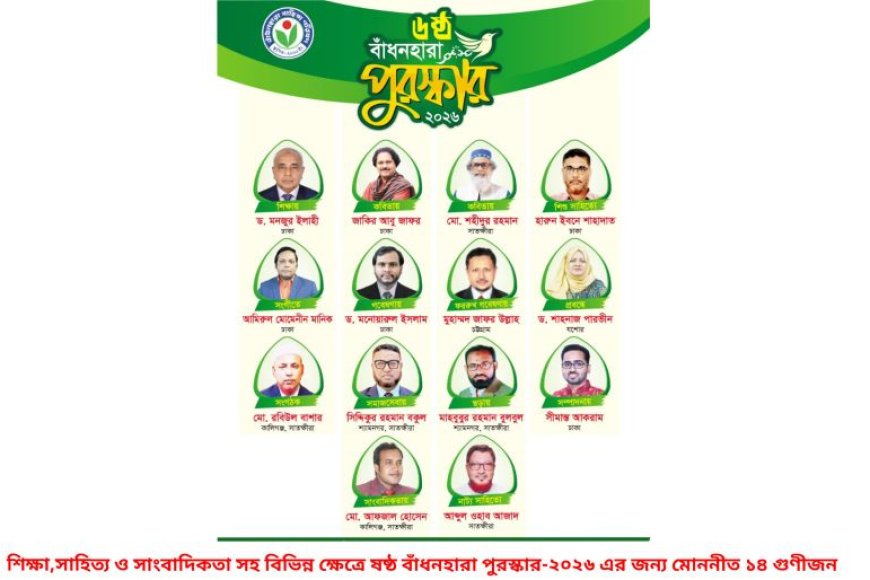 বাঁধনহারা পুরস্কার-২০২৬ ঘোষণা, সম্মাননা পাচ্ছেন ১৪ গুণীজন